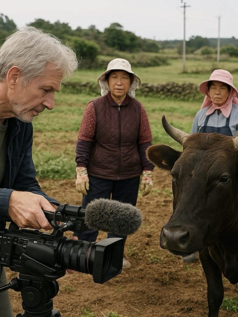 Heritage Breed Broadcast Series - Corporate Sponsorship Opportunities Cinematographer filming two women farmers with Jeju heritage cow in Korean landscape for broadcast series