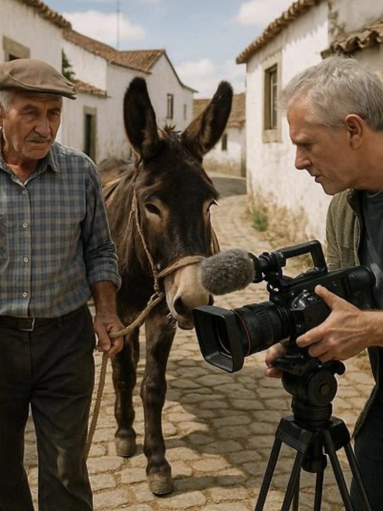 "Heritage Breed Documentary - Burro de Miranda Conservation in Portugal Documentarian filming man with Burro de Miranda heritage donkey on cobblestone street in Portuguese village