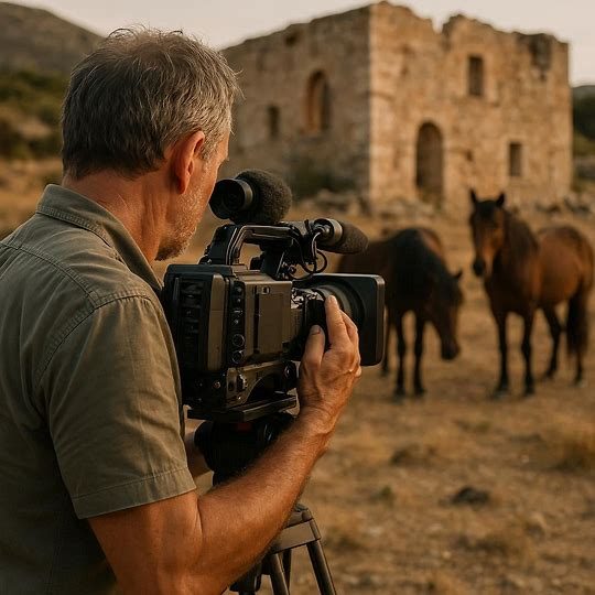 Heritage Breed Documentary Series - Broadcast Sponsorship Opportunities Documentarian filming heritage horses with cinematic camera at historic site with brick ruins