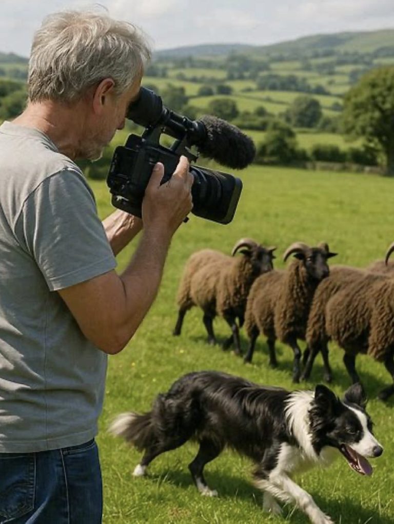 Heritage Breed Broadcast Series - Sponsorship Opportunities Cinematographer filming Hebridean sheep in natural hill pasture landscape for heritage breed series