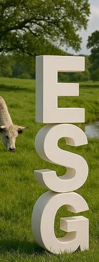 ESG in Action: Heritage Breeds and Sustainable Landscapes ESG letters stacked in a pasture with heritage breed cow, trees, & stream representing environmental stewardship and regenerative landscapes