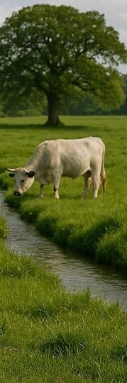 ESG Through Nature: Landscape-Based Conservation Solutions Heritage breed cow in pasture with trees, and stream representing environmental stewardship and regenerative landscapes