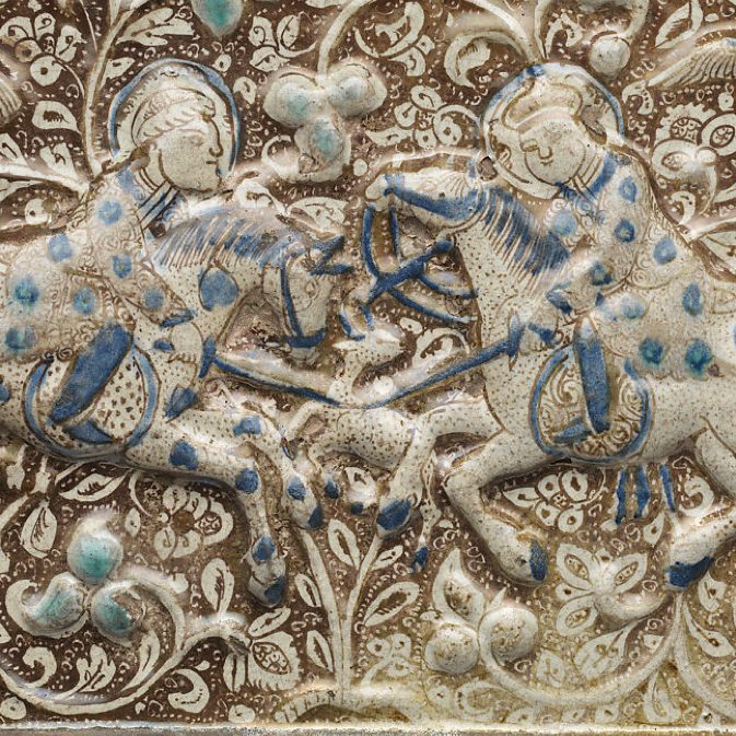 Alt Text: "Decorative tile depicting ancient Persian riders on horses in traditional hunt scene" Title (tooltip text): "Ancient Persian Equestrian Heritage - Historical Human-Animal Bond Decorative tile depicting ancient Persian riders on horses in traditional hunt scene