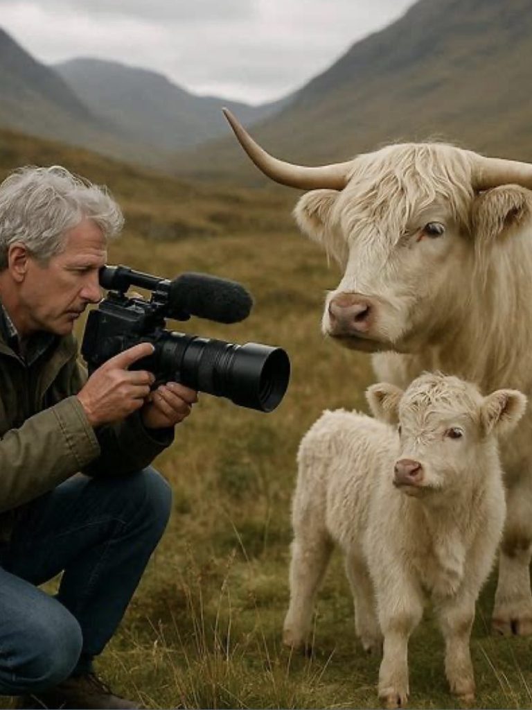 Rare White Highland Cattle - Scottish Heritage Breed for Documentary Series Documentarian filming white Scottish Highland cow and calf in natural Scottish highlands landscape